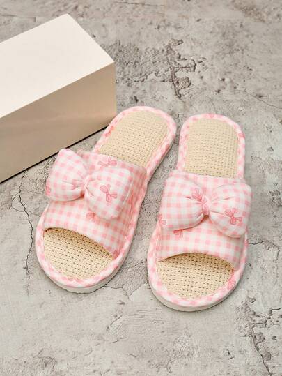 OBOVAY Pink Plaid Bow Slippers, Breathable & Skin-Friendly, Suitable For Indoor & Outdoor Wear, Fashionable Spring/Summer Outfit Accessory
