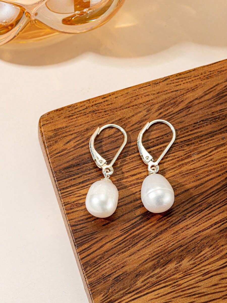 1 Pair Elegant Fashion Freshwater Pearl Decor Dangle Earrings, Suitable For Daily Wear And Party Matching Jewelry - Silver - View 1