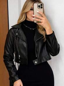 Women's Faux Leather Biker Jacket With Zipper And Buttons, Elegant And Modern, For Winter, Autumn, And São João (Saint John's Day). - 黑色 - 查看 1