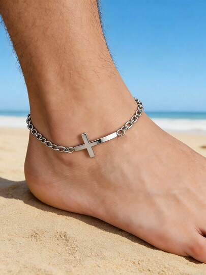 MONALLY 1pc Classic Stainless Steel Cross Anklet For Men, Surfer Waterproof Beach Ankle Bracelet, Minimalist Jewelry Gift For Him Casual Everyday Wear Christian Gift For Boyfriend For Dad/Son Beach Jewelry For Summer Vacation
