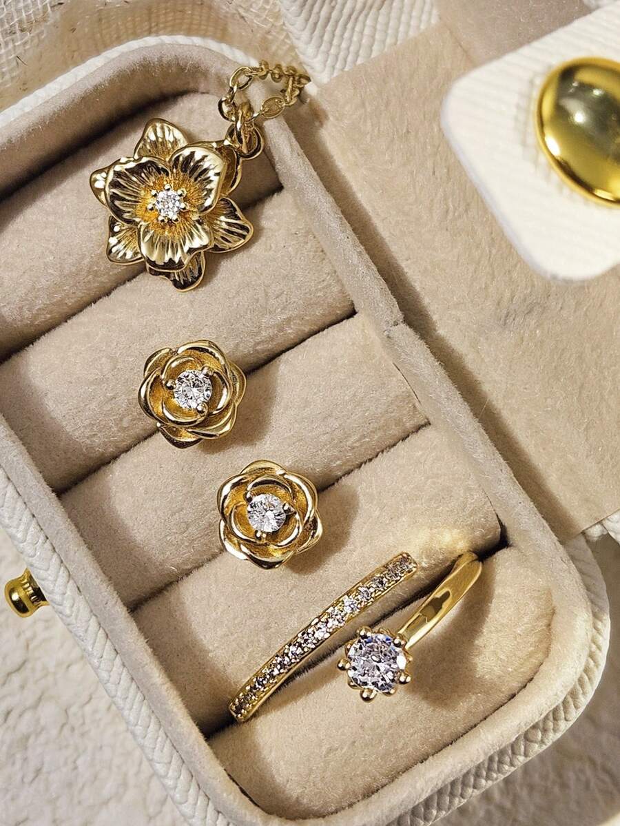 4pcs Cubic Zirconia Jewelry Set - Ring, Necklace, Earrings, Comes With Gift Box, Designed For Women, Suitable For Wedding, Engagement, Anniversary, Party, Valentine's Day Gift - 1# - View 1
