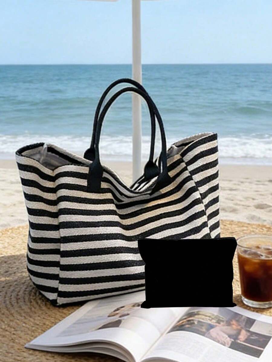 Large Capacity Black & White Striped Beach Tote Bag, Foldable Canvas Shoulder Bag, Waterproof & Sand-Proof Travel Bag For Summer Essentials, Perfect For Beach Trips, Pool Days, Shopping And Daily Use, Suitable For Women, Travelers And Beach Lovers, Ideal For Spring Break, Easter, Mother's Day, Vacation And Gifts, Durable Woven Material, Can Be Used As Beach Bag, Shopping Bag And Travel Companion - Multicolor - View 1