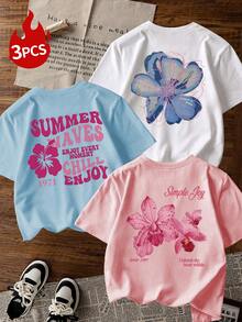 3pcs/Set Women's New Colorful Letter & Petal Graphic Print Round Neck Short Sleeve T-Shirt, Fashionable & Versatile, Suitable For Ladies Tops, Vacation & Casual Wear In Spring Summer - Multicolor - View 8