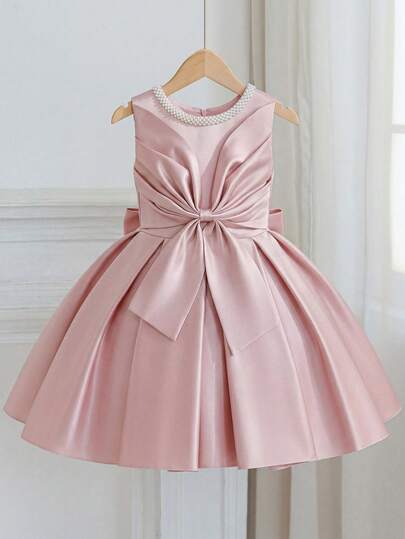 Young Girl Elegant Pink Beaded Pleated Bow Tie Satin Short Dress, Suitable For Flower Girl, Birthday, Party, Celebration, Wedding, Princess Dress, Prom Dress, Back To School, Graduation, Banquet, Evening Gown