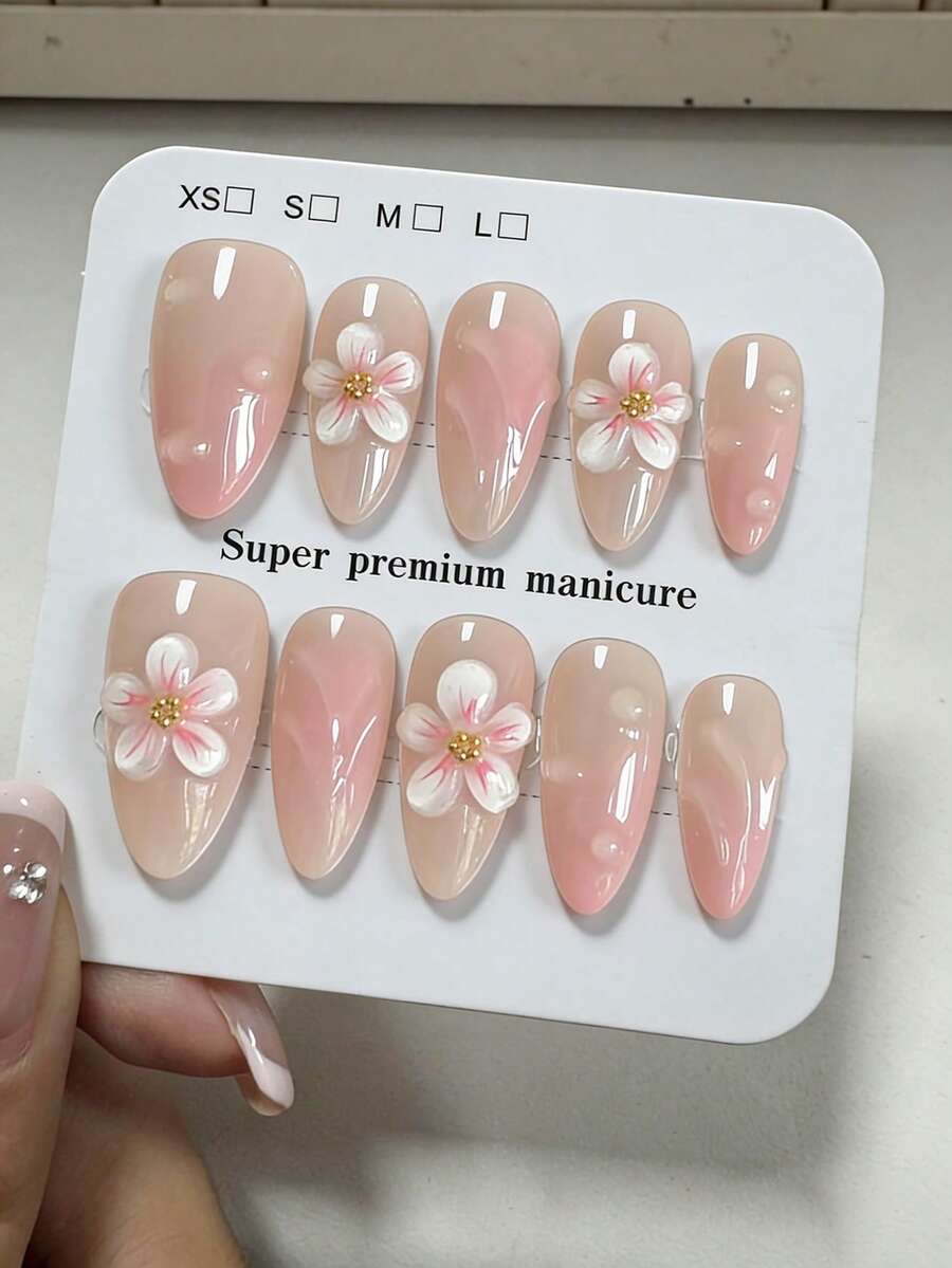 10片纯手工制作美甲贴片，长款杏仁形美甲，粉色系，温柔清新，裸粉色渐变，手绘3D白色花朵和气泡纹理，甜美优雅，适合女性和女孩，春夏秋冬节日派对及日常佩戴。 - 粉色 - 查看 1