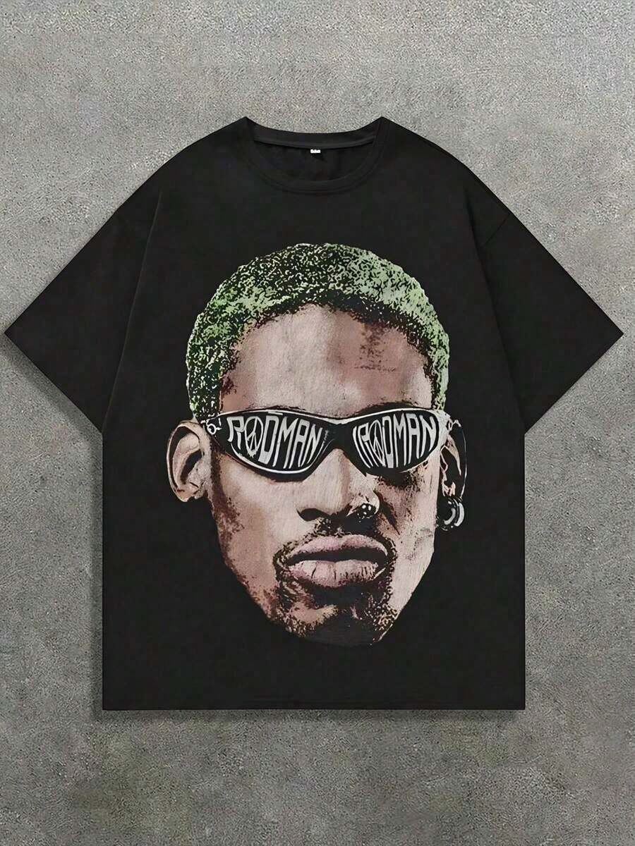 Sports Graphic Tees Men, Rodman Portrait Graphic T Shirt, 220 Grams Cotton Casual Crew Neck Short Sleeved Graphic Print, Father's Day Graduation Gift For Basketball Fan, C-Learance S-Ale For Men - 黑色 - 查看 1