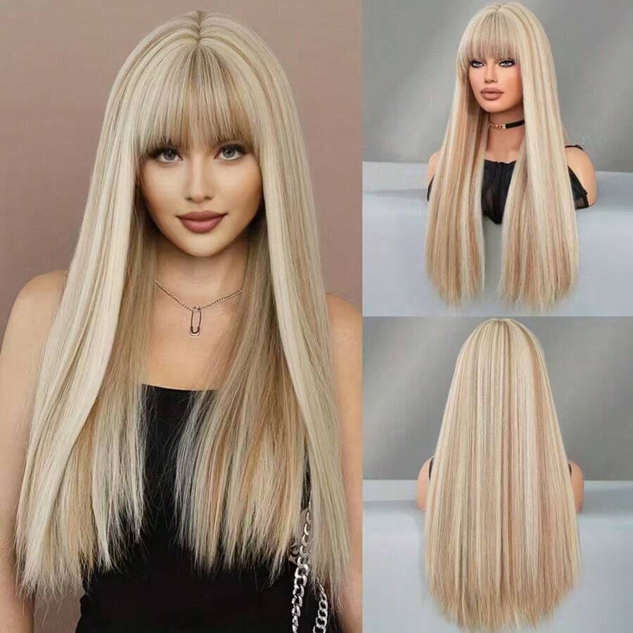 Linen Blonde Mixed Brown Highlight 26 Inch Long Straight Wig With Bangs - Heat Resistant Synthetic | Soft Full Natural | Women Daily/Cosplay/Party | Mother's Day Gifts - 挑染金色 - 查看 1