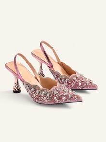 Etoivie Pink Elastic Strap Back Rhinestone Women's Sandals, Pointed Toe Backless Square High Heel Shoes, Unique Design,Elegant,Party - Pink - View 3