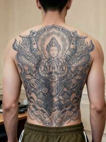 1片男士紋身貼紙 假背部臨時紋身 賽博龐克機械佛像 半永久 防水防汗 持久1-2週 逼真草本果汁 止摩擦 無反光黑色 適用於手臂、胸部、腿部 - HM064 - 查看 2