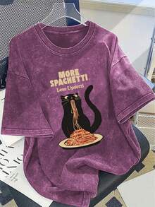 Cotton T Shirts Women2026Y2K Elegant Women's Pure Cotton Washed Short Sleeve T-Shirt With Creative Exquisite Pattern Of A Black Cat Eating Spaghetti M - Orca Coatings-紫色 - 查看 12