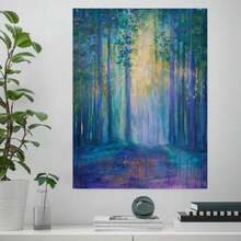 1 pieza de arte de pared en lienzo abstracto de bosque pastel - Pintura moderna minimalista verde púrpura rosa, marco de madera envuelto a prueba de agua, paisaje de naturaleza sereno listo para colgar para sala de estar, dormitorio, baño, regalo de inauguración de la casa, decoración del hogar con tonos suaves y apagados - Enmarcado - Ver 2