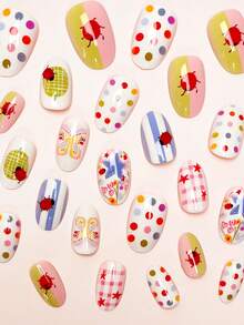 24pcs/Set Cute Oval Medium Sized Press-On Nails With Colorful Floral, Ladybug & Polka Dot Patterns, Suitable For Girls & Women To Wear For Daily Dates And Parties Nail Supplies - Multicolor - View 2