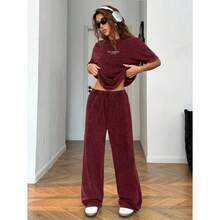 Women's Washed Brown T-Shirt And Pants Two-Piece Casual Set - 酒紅色 - 查看 3