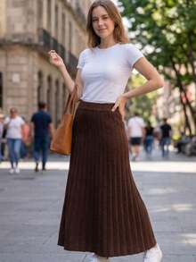 Women's Pleated Knit Skirt, Long, Wide Waistband, Evangelical Style, Elegant And Casual Knit - 乾枯玫瑰色 - 查看 6