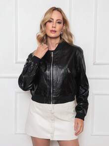 DDUOUNO MODAS - MODERN WOMEN'S CROPPED PU LEATHER JACKET WITH SIDE POCKETS - WOMEN'S CROPPED LEATHER JACKETS - màu đen - Xem 5