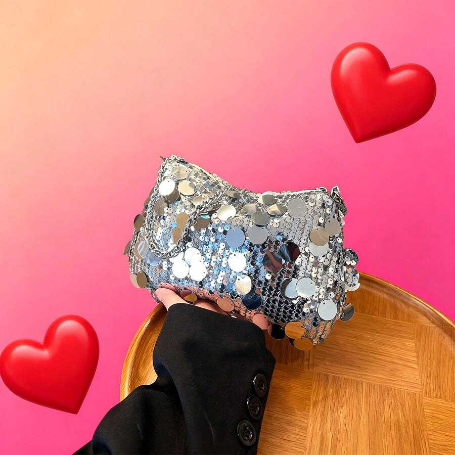 Fashionable Glitter Sequin Rectangle Handbag, New Versatile Zipper Crossbody Bag, Unique Chain Strap Evening Clutch - Silver - View 1