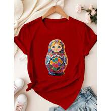 Camiseta roja de gran  con estampado artesanal que presenta grandes muñecos. - Rojo - Ver 7