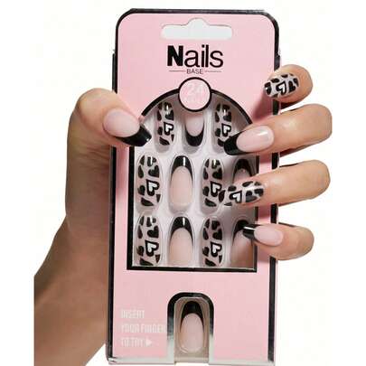 Bộ 24 móng giả màu đen và hồng cổ điển, bóng bẩy, hình oval, có thể tháo rời, làm từ nhựa ABS, thích hợp cho nữ, kèm 1 gel dán và 1 dũa móng, lý tưởng cho các bữa tiệc và du lịch.