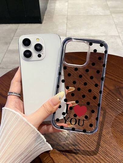 1pc Retro Polka Dot Heart "I LOVE YOU" Soft Silicone Protective Phone Case, Compatible With IPhone 11/12/13/14/15/16/16 Plus/17/17 Pro/17 Pro Max, Suitable For Daily Use, Ideal Gift For Valentine's Day And Birthday