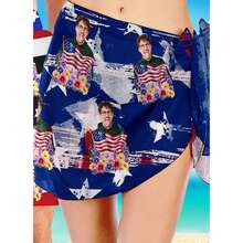 Custom USA Flag Face Print Beach Sarong Wrap, Personalized Patriotic Swim Cover Up, 4th Of July Tie Side Pareo Skirt, Funny Custom Photo Bathing Suit Coverup For Bachelorette Vacation - Nhiều màu - Xem 4