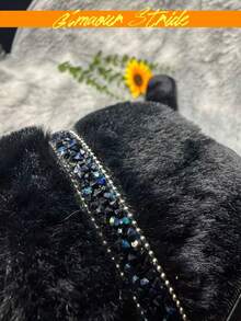 Women's Black Faux Fur Flat Slippers, Open Toe Fluffy House Shoes With Rhinestone Strap, Shiny & Comfortable Indoor Slides - Black - View 5