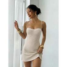 女士情人节连衣裙 - 吊带连体连衣裙，波点元素和性感印花，短款夏季连衣裙，黄色连衣裙，生日派对连衣裙，外出连衣裙，婚礼宾客连衣裙，沙滩连衣裙，黑色波点连衣裙，度假优雅 - 淺杏色 - 查看 1