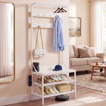 BALCONERA Industrial Freestanding Coat Rack With Shoe Storage Shelves & 9 Hooks, Metal Frame Hallway Entryway Organizer Unit - White - View 2