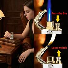 Cute Lighter, Dual Flame Windproof Lighter, Heart/Snake Design Lighter, Metal Embossed Rhinestone Butane Torch Lighter, Refillable Adjustable Flame - 蛇(無氣) - 查看 10