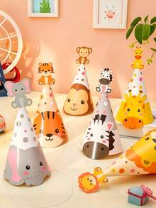 6pcs Jungle Animal Themed Birthday Hats, Paper Hats For Jungle Adventure Birthday Party, Cartoon Elephant, Lion, Monkey, Giraffe, Hippo And Leopard Print Patterns, Suitable For Birthday Party, Wild Forest Party, Baby Shower Party, Party Photo Props - A - View 3