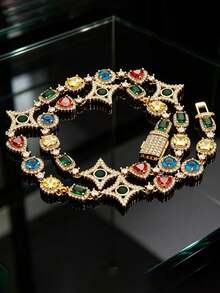 European And American Hip-Hop Style Colorful Star Bracelet Necklace, Unisex Lightweight Luxury Copper Inlaid Zirconia Cuban Chain, Street Fashion Accessory - Colored Gemstone Star Cuban Chain - View 4