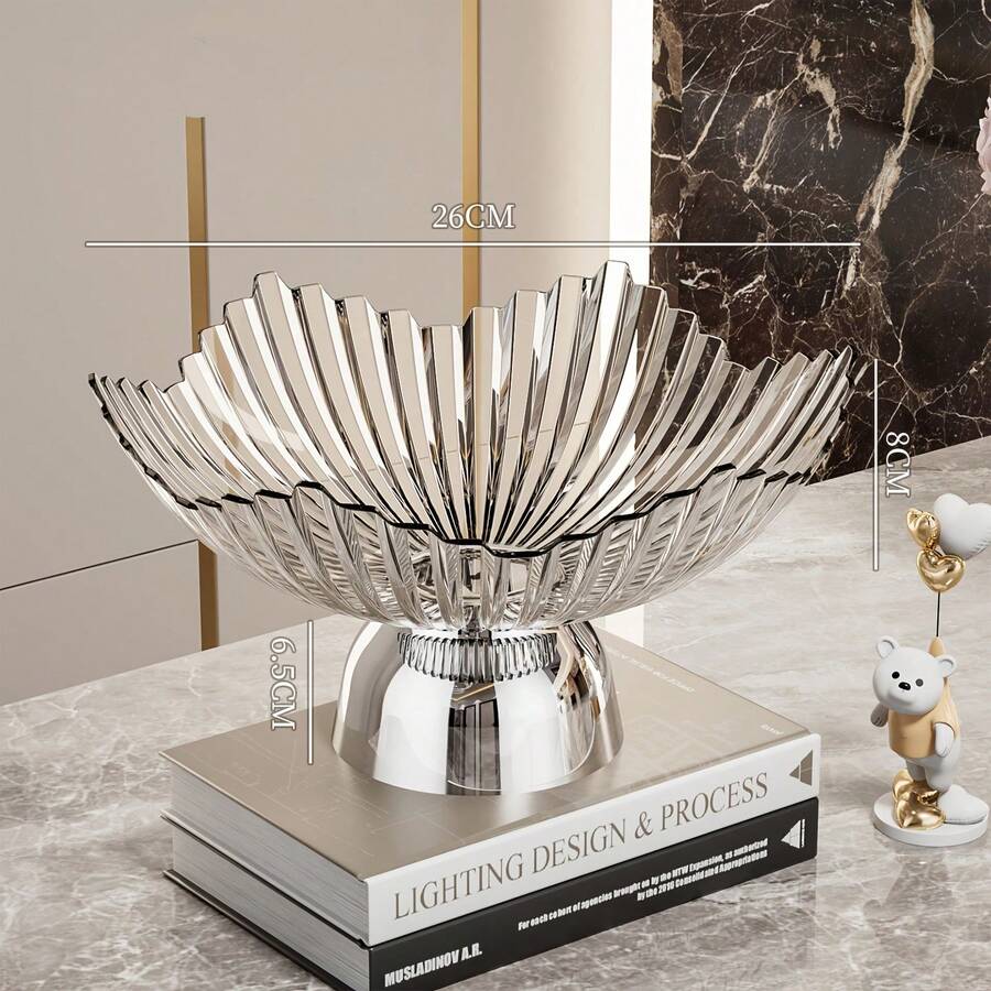 1pc Fruit Platter With Stand, 1pc Plastic Creative Striped Candy Dish, 1pc Wooden Gold-Tone Base Bread & Cake Plate, Suitable For Home Events, Parties And Restaurants - Clear - View 1