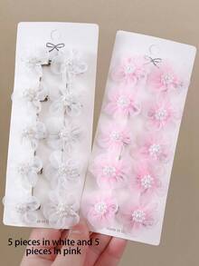 10pcs/Set Girls Pink & White Pearl Mesh Flower Small Hair Clips, Minimalist Side Bangs Clips, Sweet Versatile Hairpins, Suitable For Daily Use And Gift,Summer,Holiday,Travel,Festival,Party - Multicolor - View 9