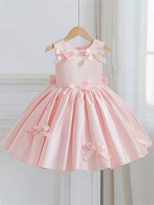 Young Girl Pink Princess Dress, Elegant Luxurious Pearl Embellished Bow Decor Satin Knee-Length Dress, Suitable For Birthday Party, Wedding Flower Girl, Prom, Graduation, Stage Performance, Casual Wear - Pink - View 2