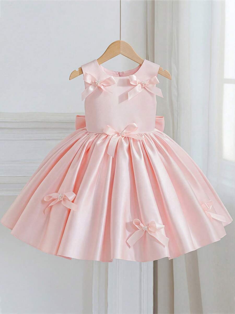 Young Girl Pink Princess Dress, Elegant Luxurious Pearl Embellished Bow Decor Satin Knee-Length Dress, Suitable For Birthday Party, Wedding Flower Girl, Prom, Graduation, Stage Performance, Casual Wear