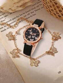 Bộ 2 chiếc đồng hồ thạch anh thời trang dành cho nữ, dây da tối giản, thiết kế dây đeo hình bướm, đồng hồ phong cách dành cho sinh viên. - Một cỡ - Xem 5