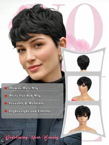 QVR QUEEN VIRGIN REMY QVR 短直刘海波波头假发，女士可直接佩戴的短发假发，真人发免胶短发假发，手工编织短发假发，自然黑色短发假发，日常佩戴舒适 - Natural Black - 查看 10