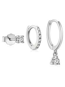 3pcs Set Gold-Plated Zirconia Diamond Stacking Hoop Earrings, Delicate Minimalist Earrings For Women, Suitable For Daily, Office, Wedding, Party, Birthday Wear - Three-prong  Earring Set - View 7
