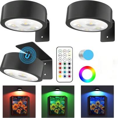 3pcs Gold/Black Under Cabinet Lights, Battery Powered Wall Lights With 13 RGB & 3 Color Temp, Magnetic Dimmable Art Display Lighting Strip With Remote Control & Timer, Suitable For Painting Poster Wall Decor