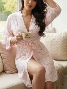 1pc Women's Bathrobe, Kimono, Sleepwear, Minimalist Sweet Robe, New Spring/Autumn Cute Lightweight Solid Color Pajamas - Pink - View 5