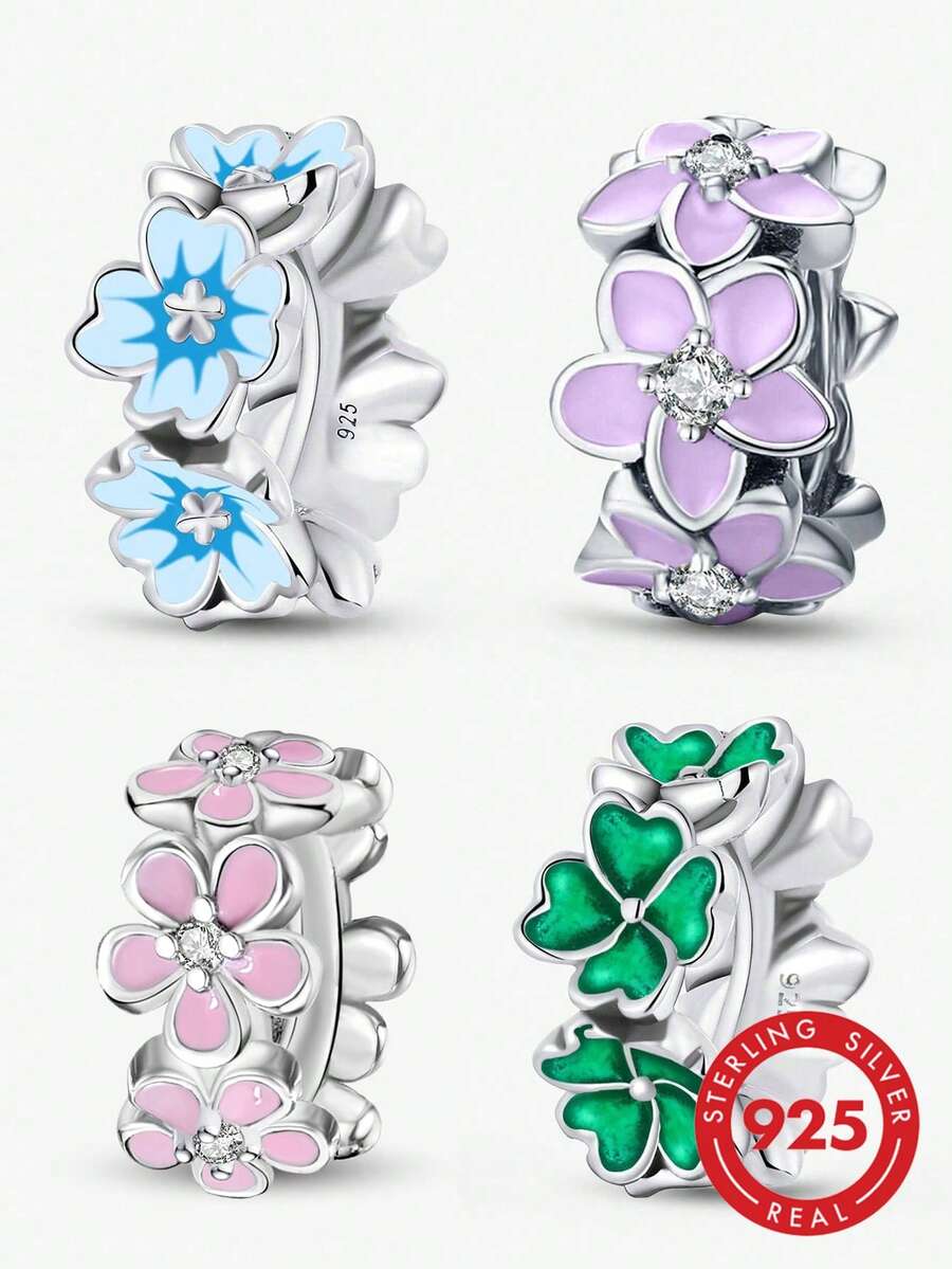 1 pieza Cuentas de flor coloridas de plata de ley 925, adecuadas para pulseras, brazaletes, manualidades de joyería y combinación diaria de las mujeres, un accesorio ideal como regalo para chicas en el Día de San Valentín - Plateado - Ver 1