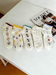 5 Pairs Floral Pattern Ruffle Trim Women's Ankle Socks - Breathable Ruffle Trim Women's Ankle Socks, Cute Countryside Style Invisible Socks - Multicolor - View 2