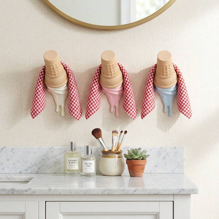 Cute Ice Cream Shaped Decorative Hook, Suitable For Bathroom, Kitchen, Vanity, Entryway, Multi-Functional Hook For Hanging Towels, Necklaces, Hair Ties, Keys And Other Small Items