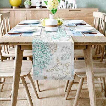 海龟与海星海洋主题桌旗，热带航海风蓝绿色餐桌装饰，适合日常使用