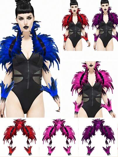3pcs Artificial Feather Shawl, Lace Bracelet, Witch Costume Accessories For Halloween & Carnival