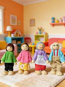 Wooden Family Figurines, Natural Wood Texture Dolls Decor, Suitable For Dollhouse Scenes - Multicolor - View 6