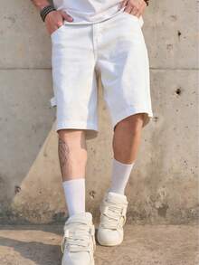 Men's Casual Denim Shorts, Summer American Style Washed Vintage Light Blue Loose Fit Bermuda Shorts - White - View 3