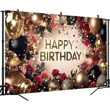 Fondo de fondo de rosa roja y negra con globos dorados para fotografía, decoración de fiesta de cumpleaños, elegantes suministros florales de cumpleaños, accesorios para cabina de fotos, 71 - Rosa roja y negra - Ver 4