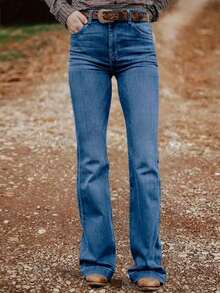 Women's Personalized Back Pocket Embroidery Design Flare Stretch Jeans Casual Spring - 黑灰刺繡 - 查看 6