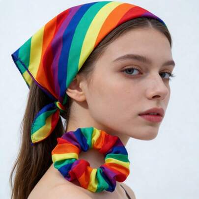 两件套彩虹骄傲月发饰套装，包含弹力缎面发圈和条纹头巾发带，时尚LGBTQ+骄傲月女性服饰配件，适合游行、音乐会和庆祝活动。