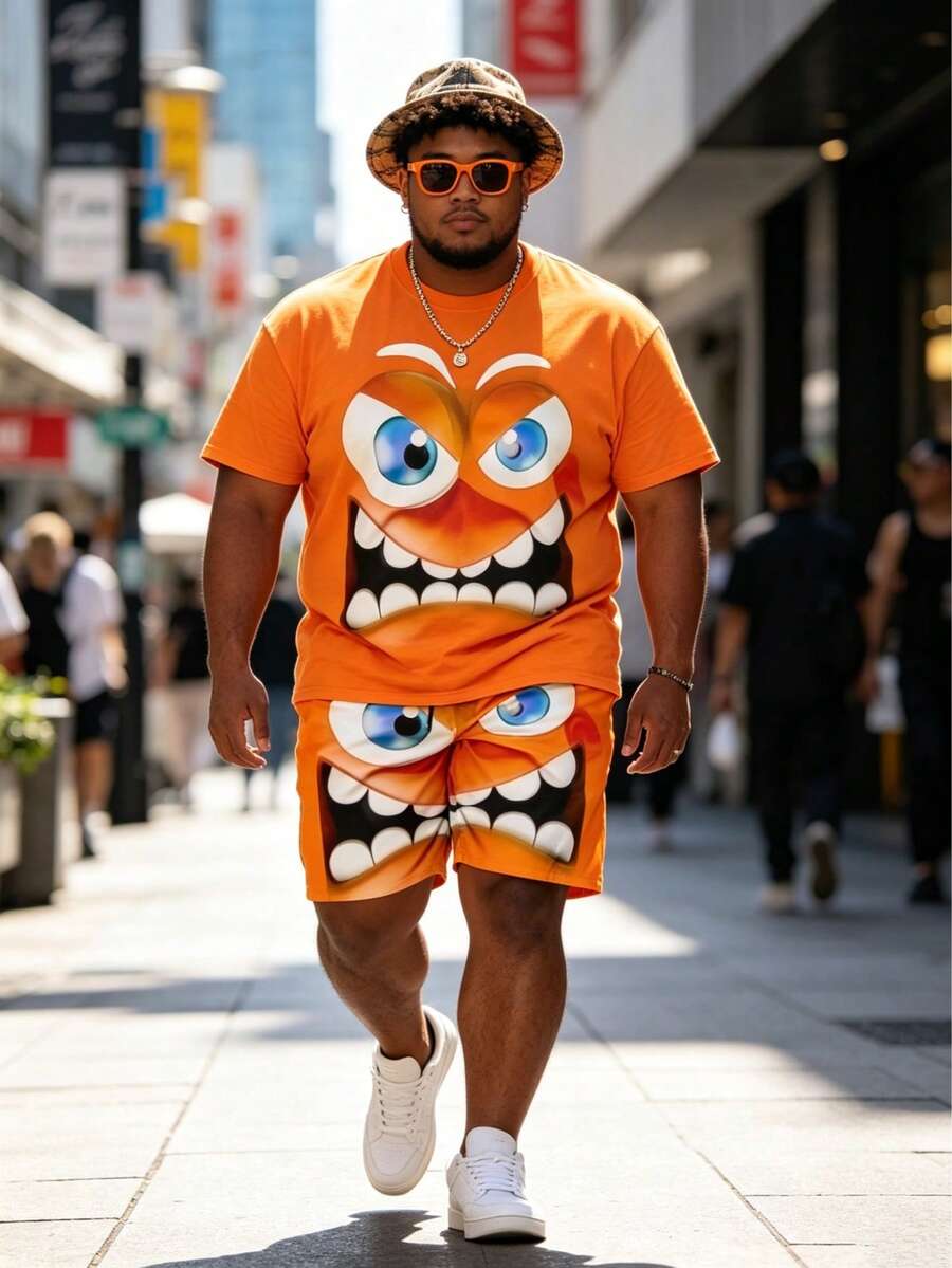 加大码趣味愤怒表情印花宽松橙色短袖短裤套装，夏季时尚渐变幽默图案大码运动两件套，休闲街头风夏季两件套，高个超重男士必备嘻哈趣味套装 - 彩色 - 查看 1